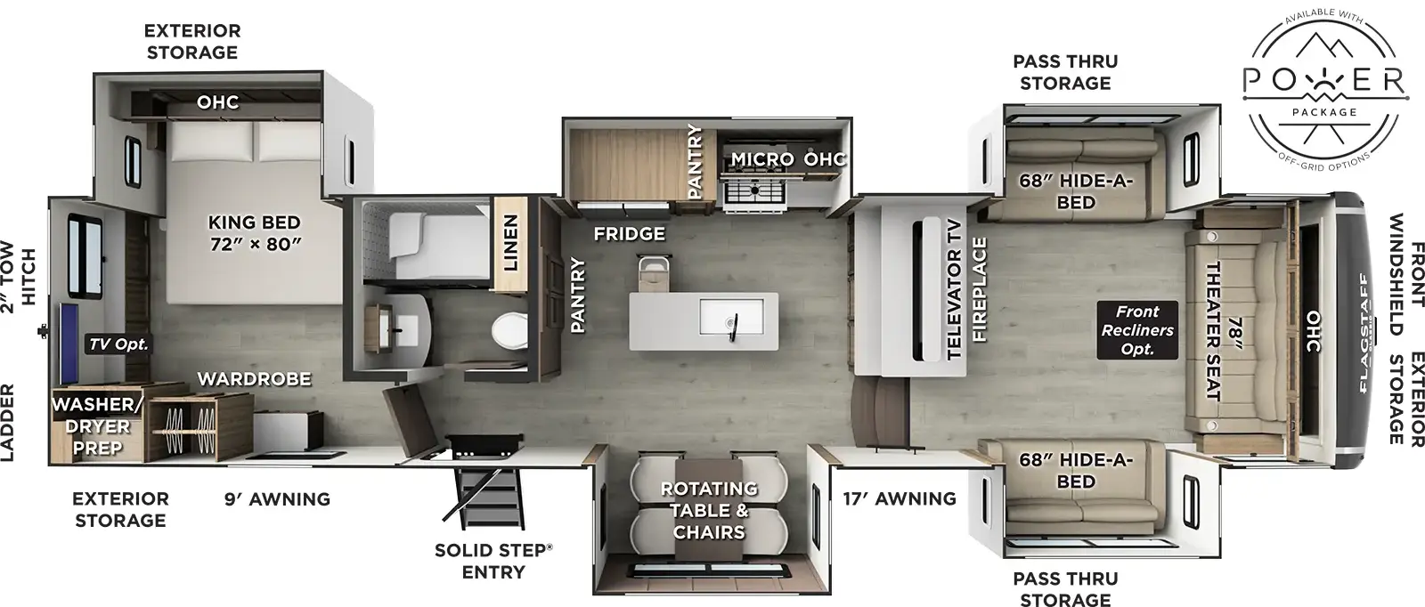 The Flagstaff Classic Fifth Wheels 402CFL floorplan has one entry and five slide outs. Exterior features include: fiberglass exterior and 9' & 16' awning. Interiors features include: rear bedroom and front living.